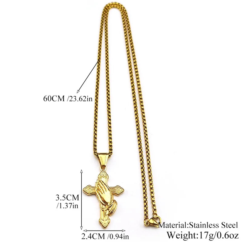 Praying Hands Cross Pendant Necklace — Gold