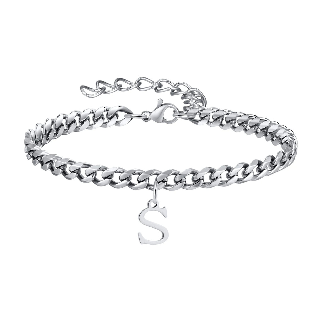 Vnox A-Z Initial Bracelets for Men Women, Never Fade Silver Color Stainless Steel Cuban Chain Bracelet with 26 Letter
