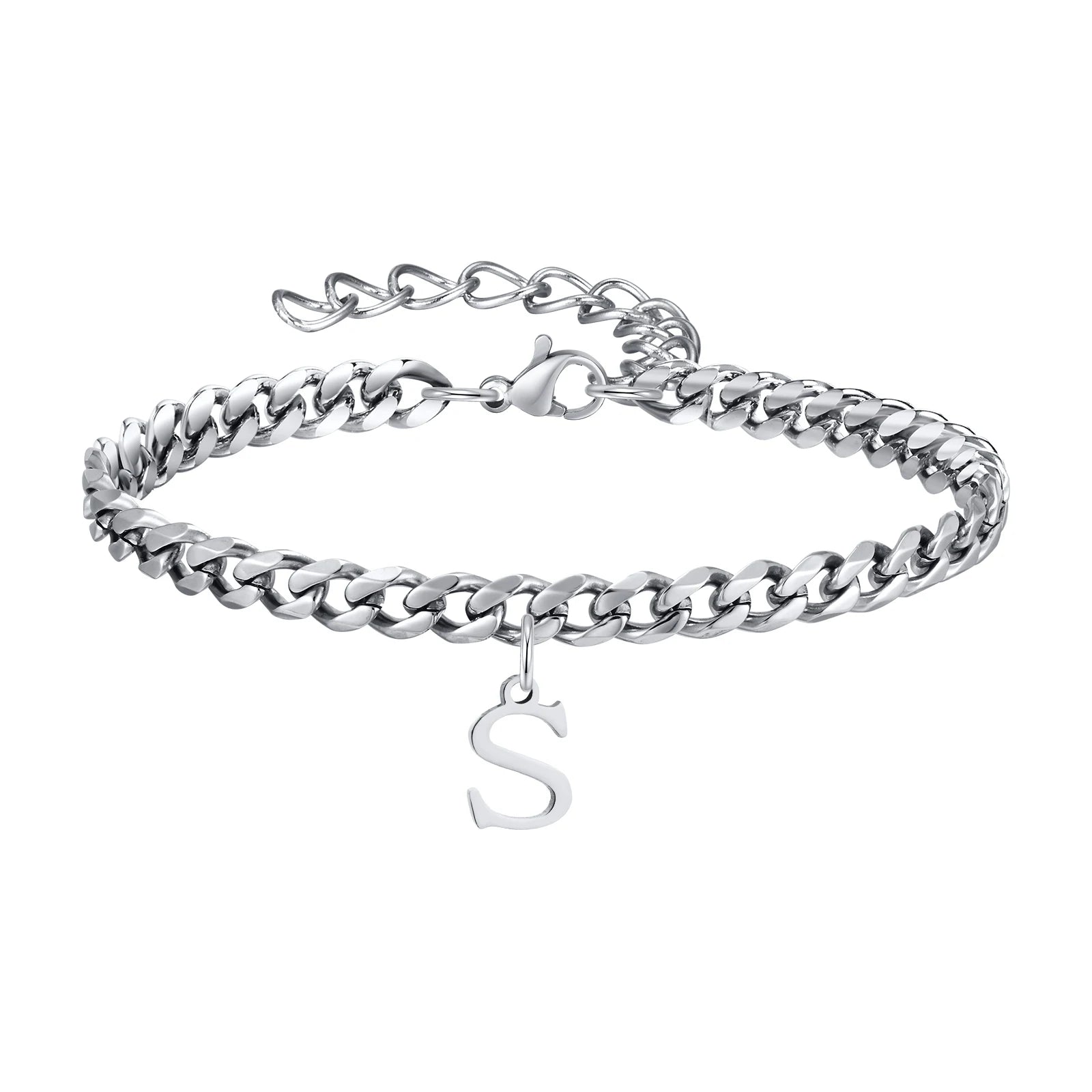 Vnox A-Z Initial Bracelets for Men Women, Never Fade Silver Color Stainless Steel Cuban Chain Bracelet with 26 Letter