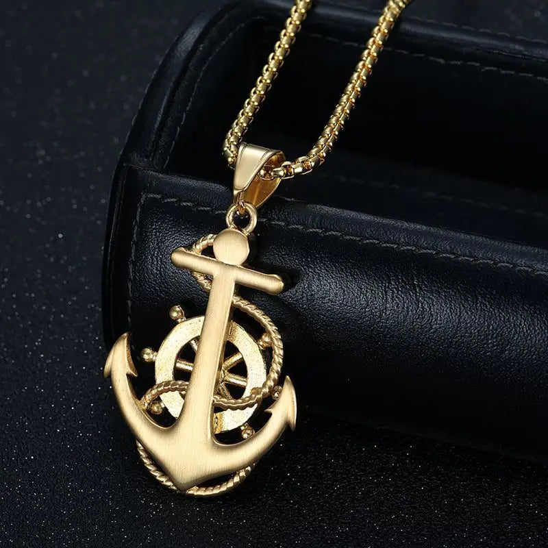 Iced Out Anchor Ship Wheel Pendant Necklace — Stainless Steel