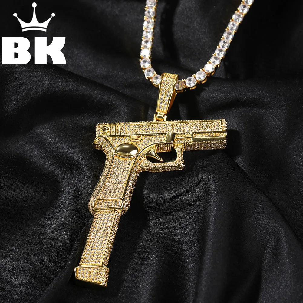 THE BLING KING Iced Out Full Zirconia Large Size Pistol Gun Pendant Necklace Punk Hip Hop Mens Rapper Shiny Party