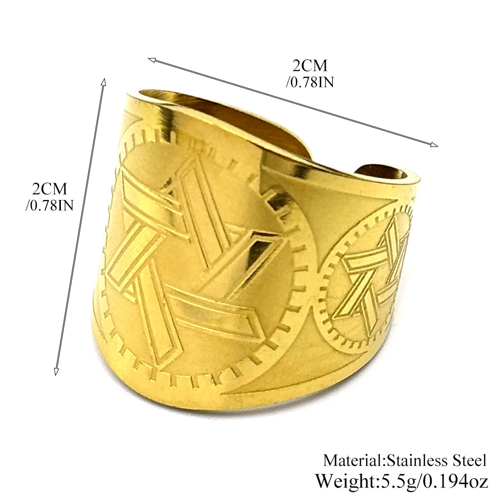 Judaism Israel Hexagram Jewish Magen David Wide Band Open Ring for Women Men Stainless Steel Star of David Finger Ring