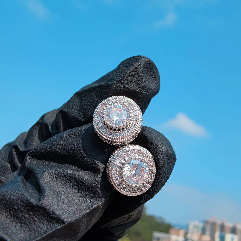 Iced Out Round CZ Stud Earrings Stainless Steel