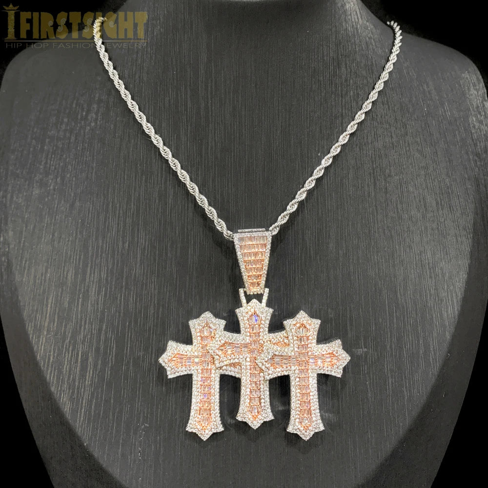 Iced Out Three Cross Pendant Necklace For Women Men Two Tone Silver Color Cubic Zirconia Tennis Chain Luxury Hip Hop Jewelry