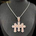 Iced Out Three Cross Pendant Necklace For Women Men Two Tone Silver Color Cubic Zirconia Tennis Chain Luxury Hip Hop Jewelry
