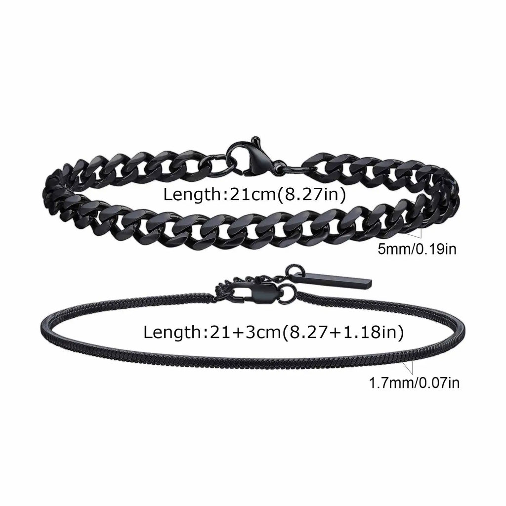 Vnox 2pcs/Set Cuban Figaro Rope Snake Chain Bracelet Set for Men Boys, Gold Black Silver Color Stainless Steel Wristband Jewelry