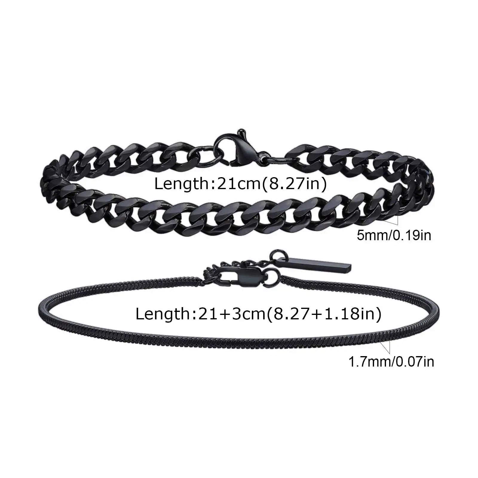 Vnox 2pcs/Set Cuban Figaro Rope Snake Chain Bracelet Set for Men Boys, Gold Black Silver Color Stainless Steel Wristband Jewelry