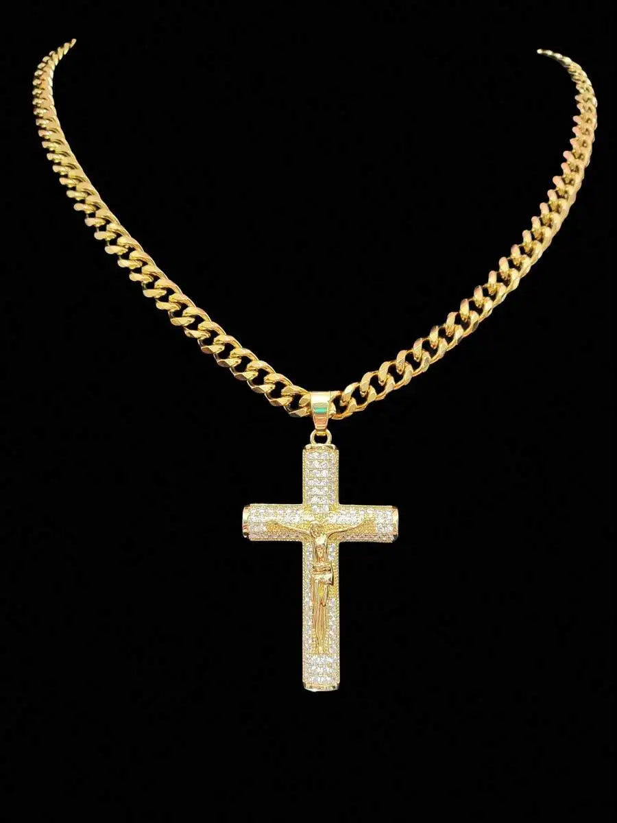 Iced Out CZ Cross & Jesus Pendant Necklace — Stainless Steel