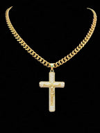 1pc Cubic Zirconia Cross & Jesus Pendant With 1pc 7mm Stainless Steel Curb Chain, Men's Fashion Hip-Hop Vintage Pendant Necklace