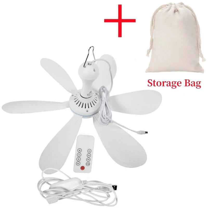 Silent 6 Leaves USB Powered Ceiling Canopy Fan with Remote Control Timing 4 Speed Hanging Fan for Camping Bed Dormitory