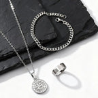 3pcs Classic Compass Necklace Set Gift for Men,Silver Gold Color Stainless Steel Bracelet Ring,Simple Jewelry Set