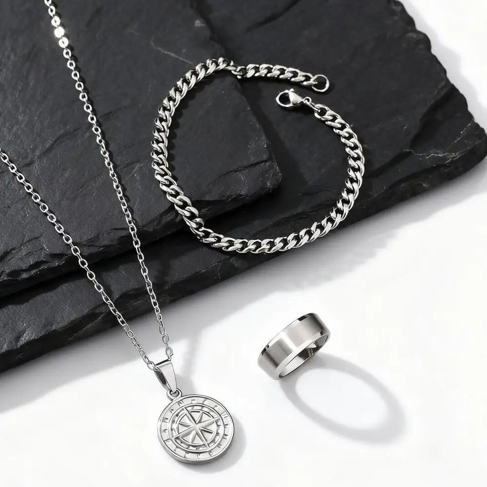 3pcs Classic Compass Necklace Set Gift for Men,Silver Gold Color Stainless Steel Bracelet Ring,Simple Jewelry Set