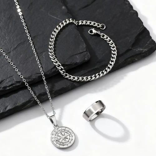 3pcs Classic Compass Necklace Set Gift for Men,Silver Gold Color Stainless Steel Bracelet Ring,Simple Jewelry Set