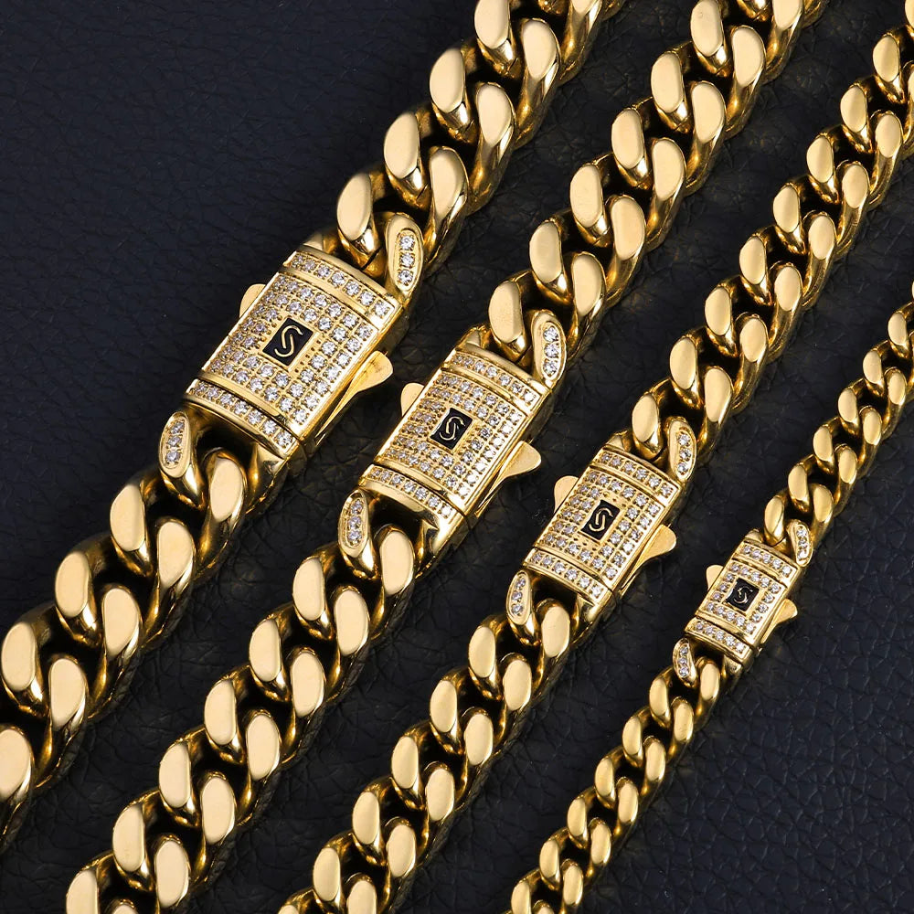 Black Cuban Bracelet Stainless Steel 14K Gold 6-13MM