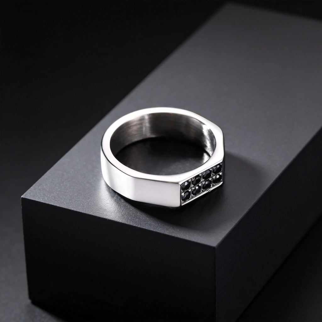 Men's Black Zircon Stainless Steel Ring, High Polished Silver Color Chunky Square Signet Ring, Punk Fashion Jewelry US