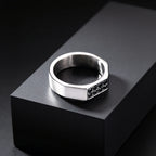 Men's Black Zircon Stainless Steel Ring, High Polished Silver Color Chunky Square Signet Ring, Punk Fashion Jewelry US