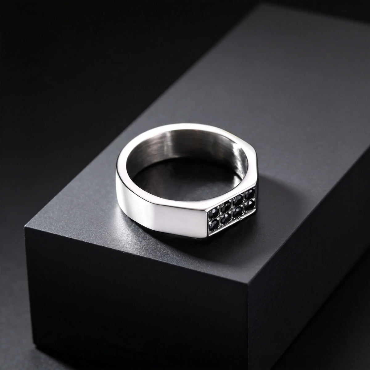 Men's Black Zircon Stainless Steel Ring, High Polished Silver Color Chunky Square Signet Ring, Punk Fashion Jewelry US