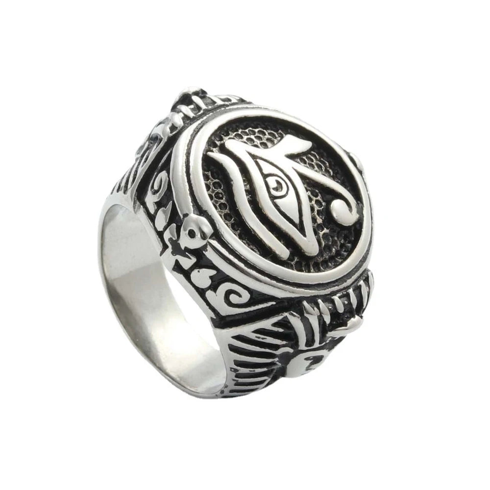 Vintage Egyptian Eye of Horus Ring Mysterious Ancient Egypt Text Symbol Ankh Rings for Men Stainless Steel Punk Jewelry