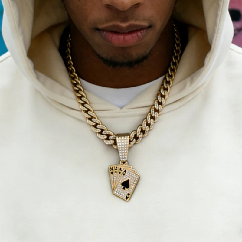 Iced Out Poker Card Cuban Pendant — Gold