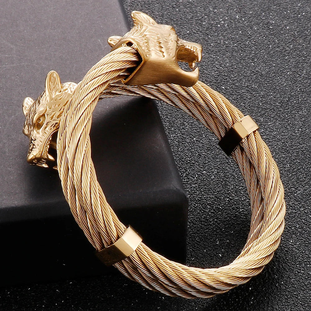 Viking Wolf Head Twisted Cable Open Cuff Bangle Bracelet For Men Stainless Steel Men's Bracelets Rock Roll Jewelry