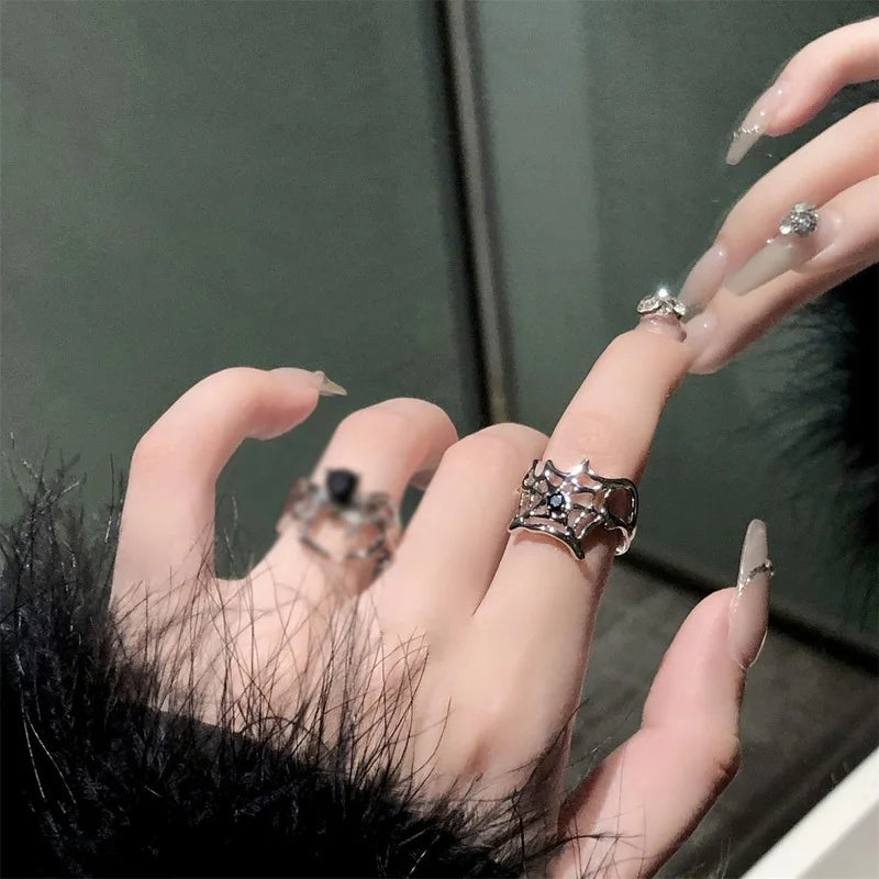 Gothic Spider Web Wide Open Ring Antique Silver — Zinc Alloy