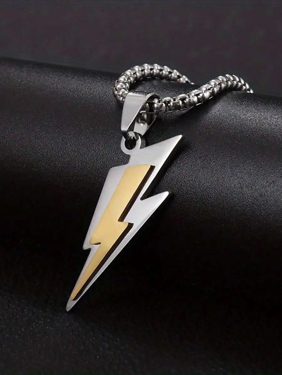 Two Tone Stainless Steel Lightning Bolt Pendant Necklace For Men Hip Hop Rock Streetwear Jewelry
