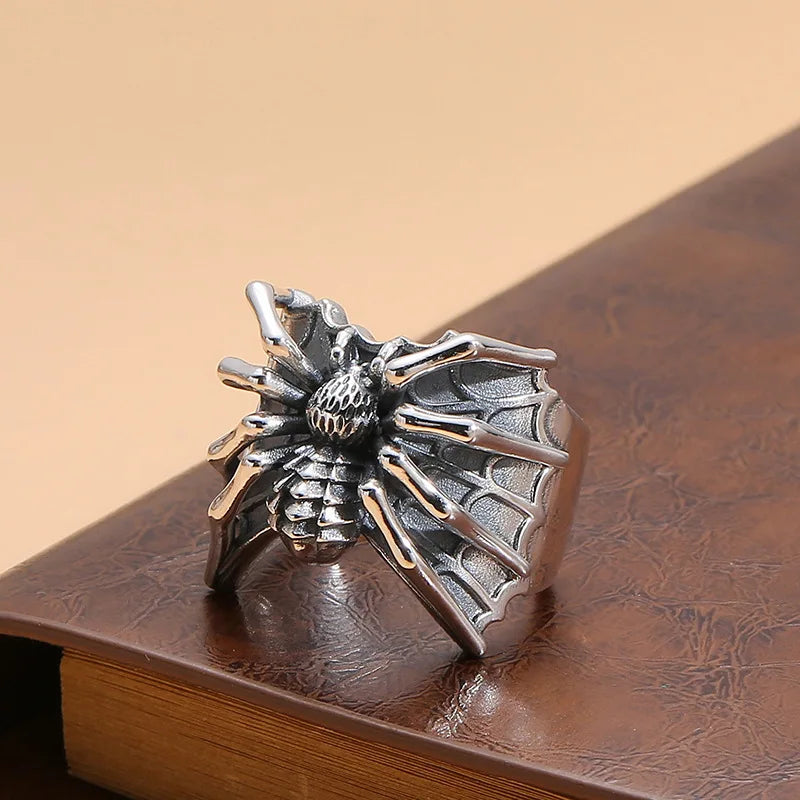 Gothic Spider Web Wide Open Ring Antique Silver — Zinc Alloy