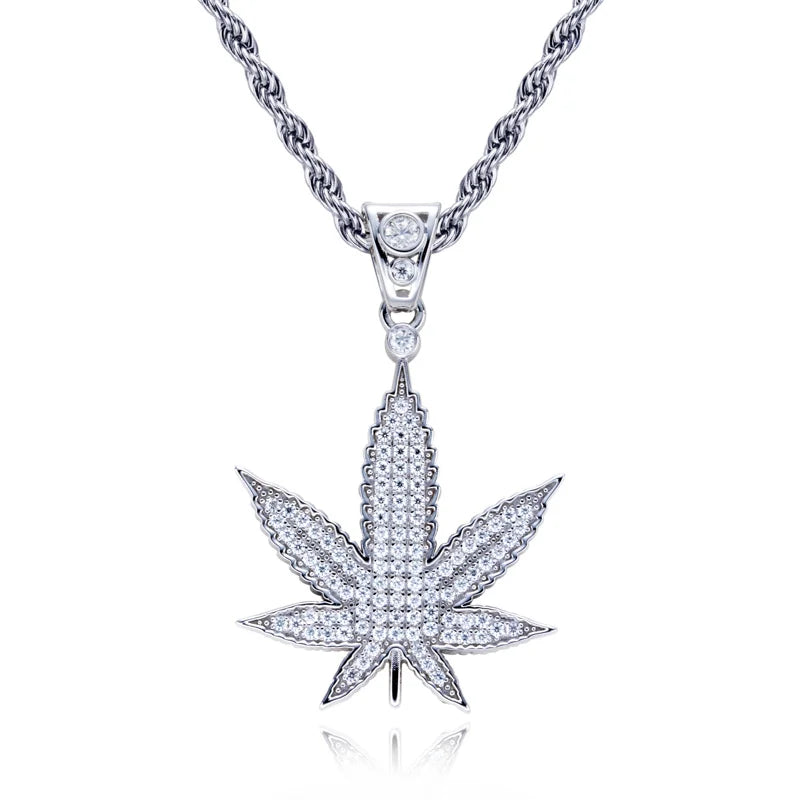 Iced Out Hemp Leaf Pendant — 925 Silver