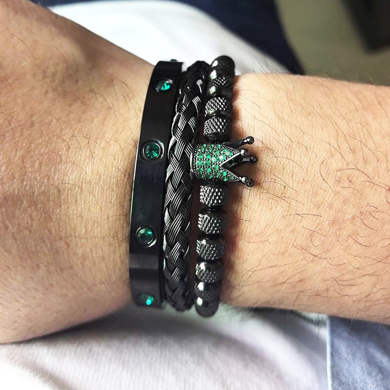 Green Eye Leopard Head & Crown Crystal Bracelet — Stainless Steel