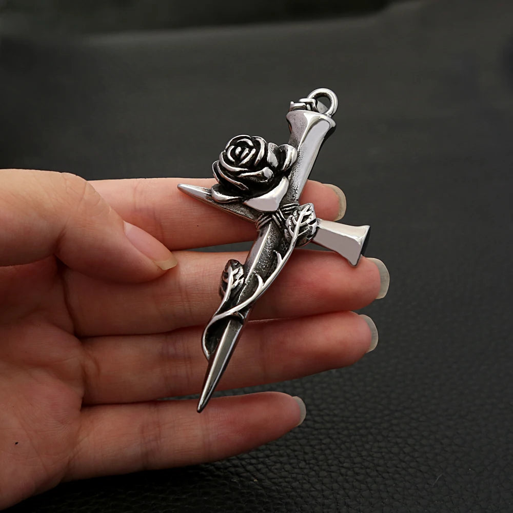 Rose Cross Pendant — Stainless Steel