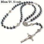 Black Bead Cross Pendant Necklace for Men and Women, Daily Wear