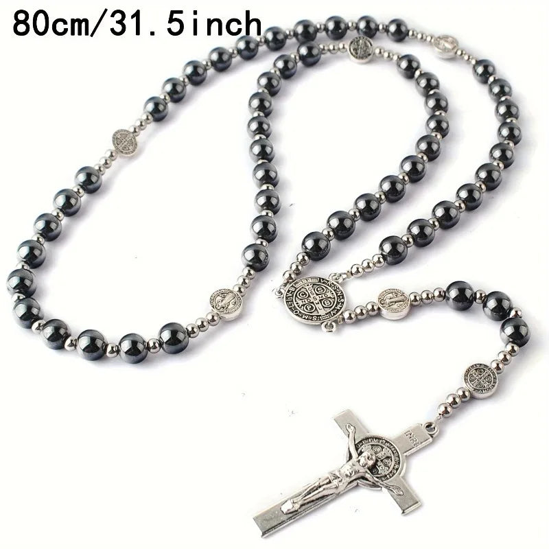 Black Bead Cross Pendant Necklace for Men and Women, Daily Wear