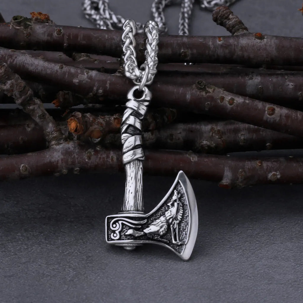 Viking Wolf and Crow Axe Pendant Retro Slavic Odin Amulet Men's Fashion Charm Stainless Steel Pendant Necklace Jewelry