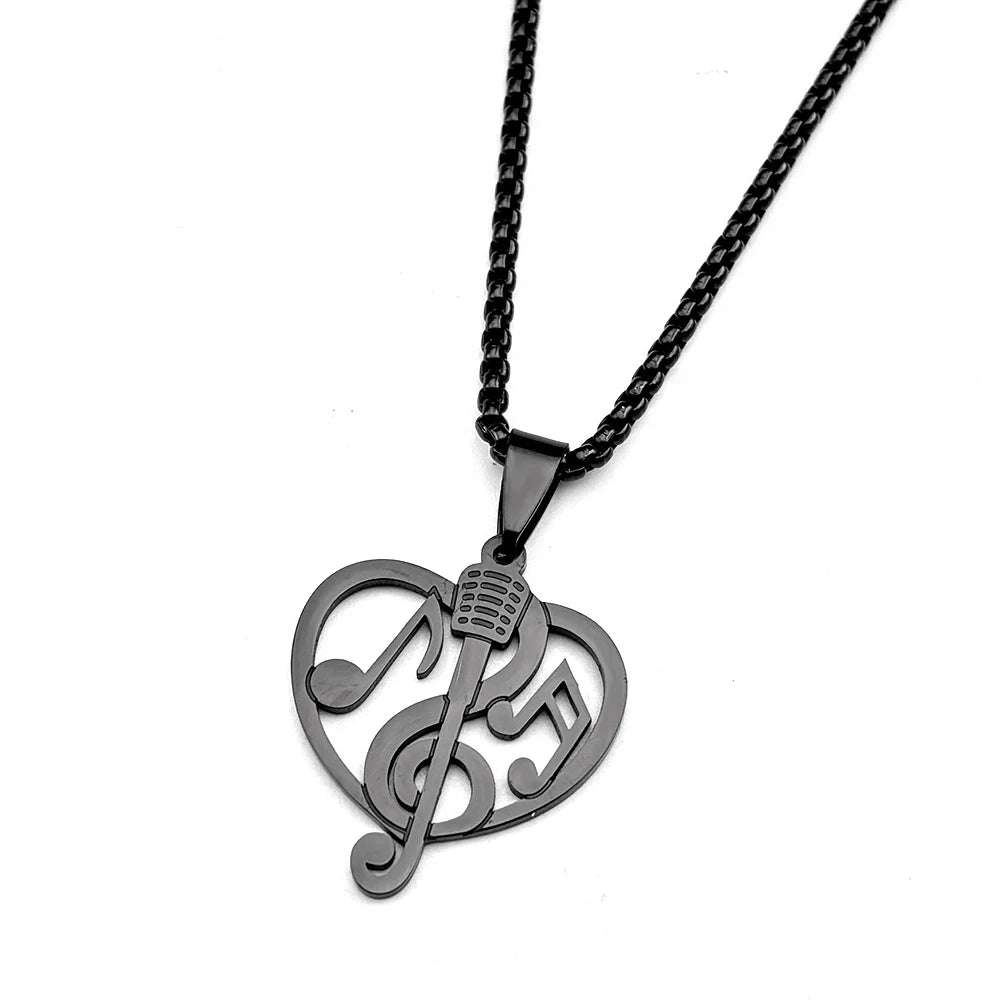 Heart Treble Clef Microphone Pendant Necklace Stainless Steel Gold Color Music Note Jewelry Gift Singer Musician