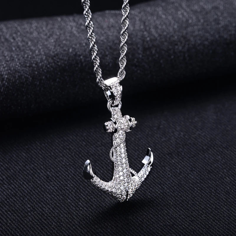Iced Out Anchor Pendant — 14K Gold