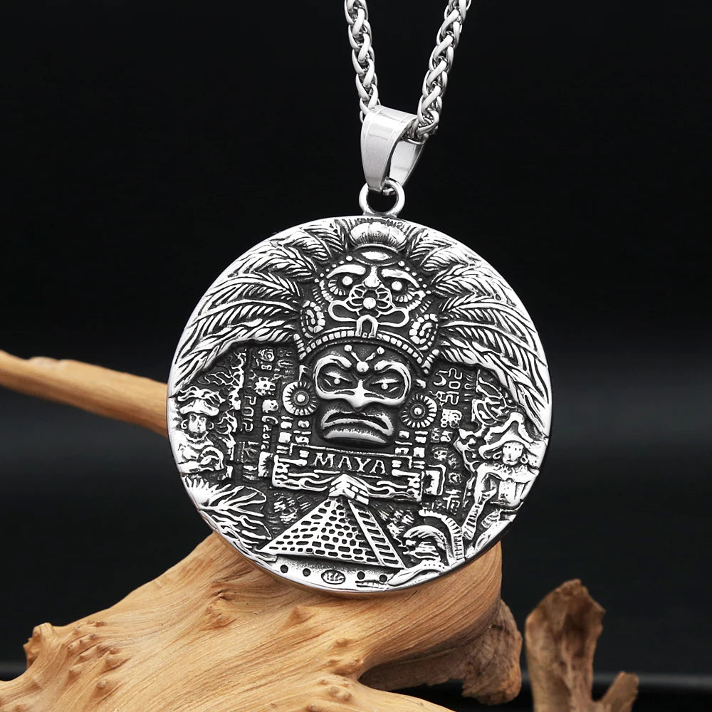 Aztec Steel Pendant Vintage Mayan Pattern Big