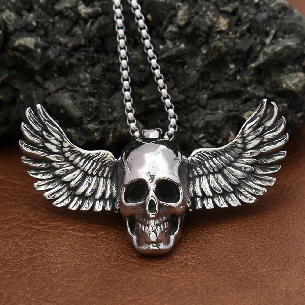 Skull Steel Pendant Big Size Fallen Angel Wings