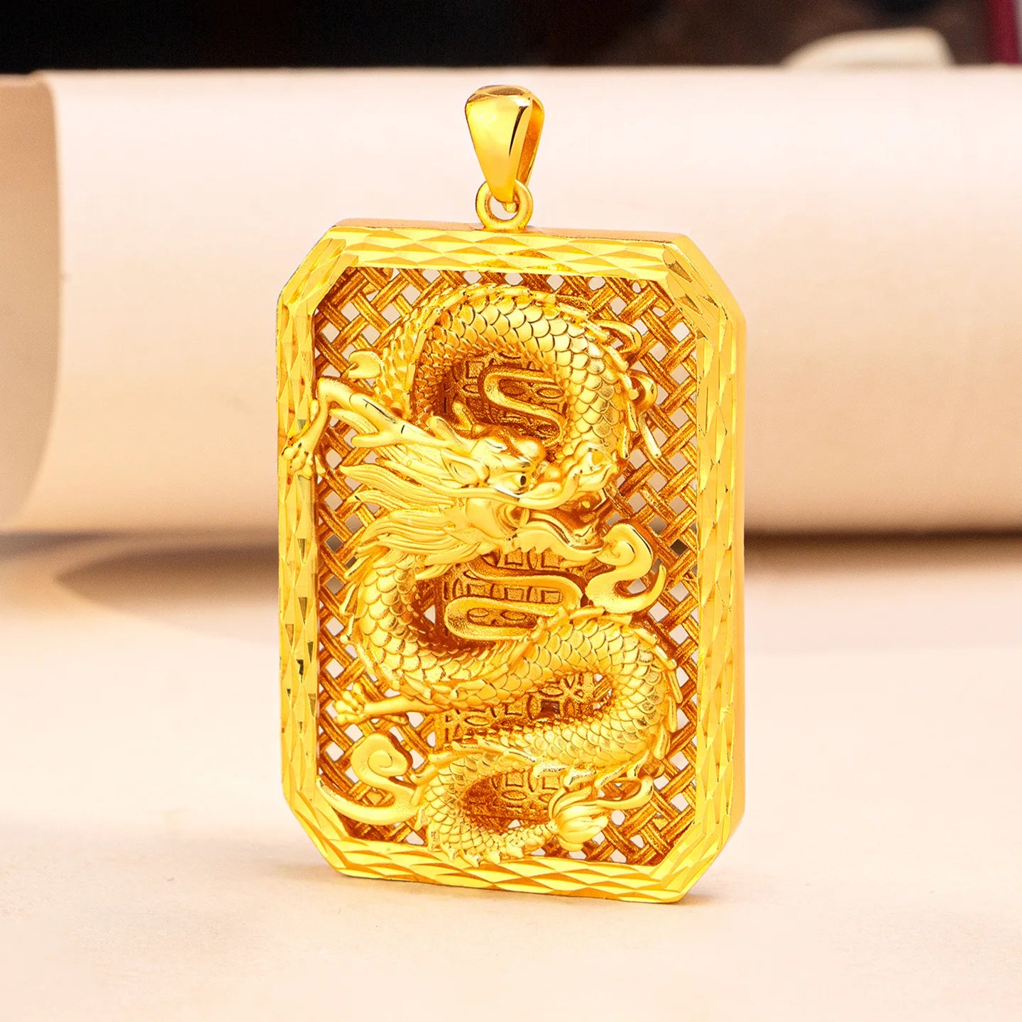 24K Gold Dragon Pattern Pendant Necklace