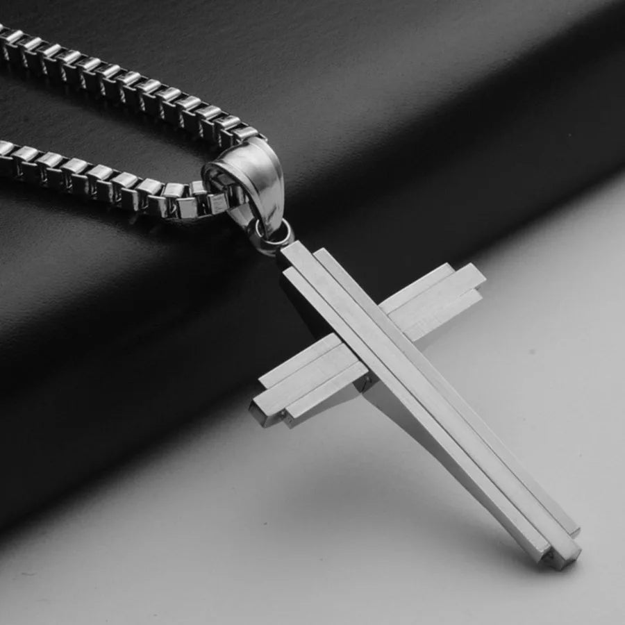 Layered Cross Pendant Necklace 50cm — Stainless Steel