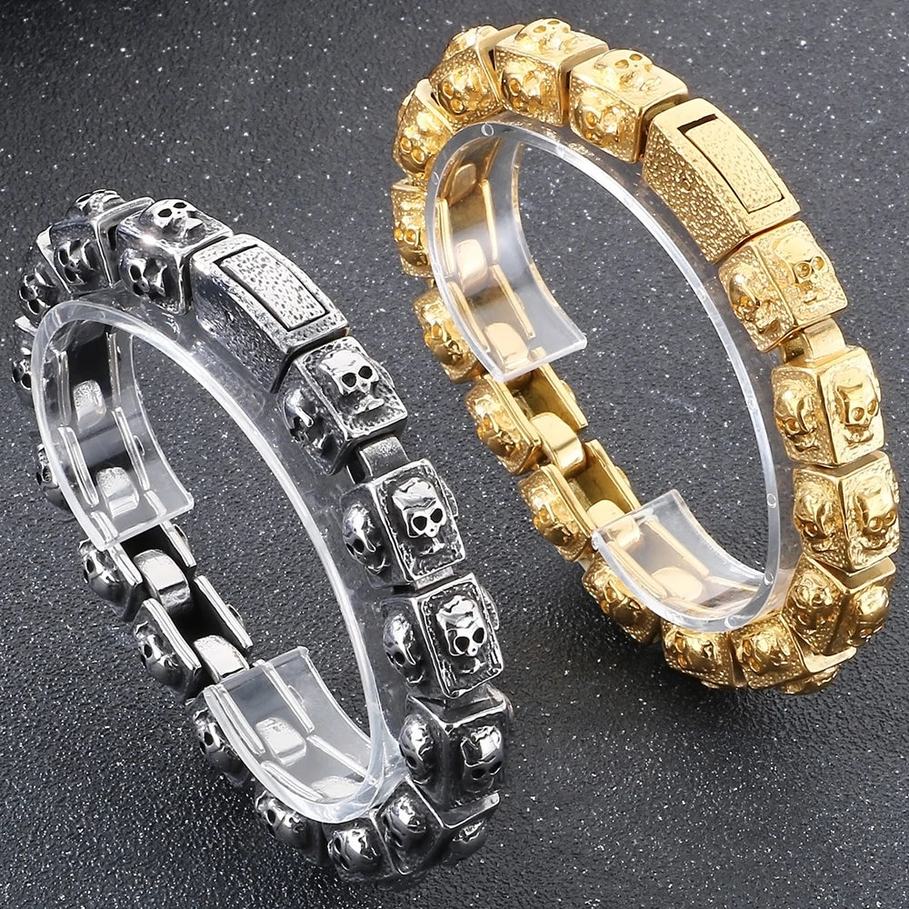 Vintage Solid Stainless Steel Bracelet for Man Men's Skeleton Jewelry Accessories 14MM Width Skull Face Head Chain