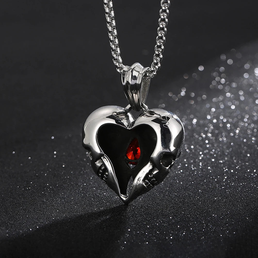 Skull Steel Pendant Punk Vintage Heart Red Stone