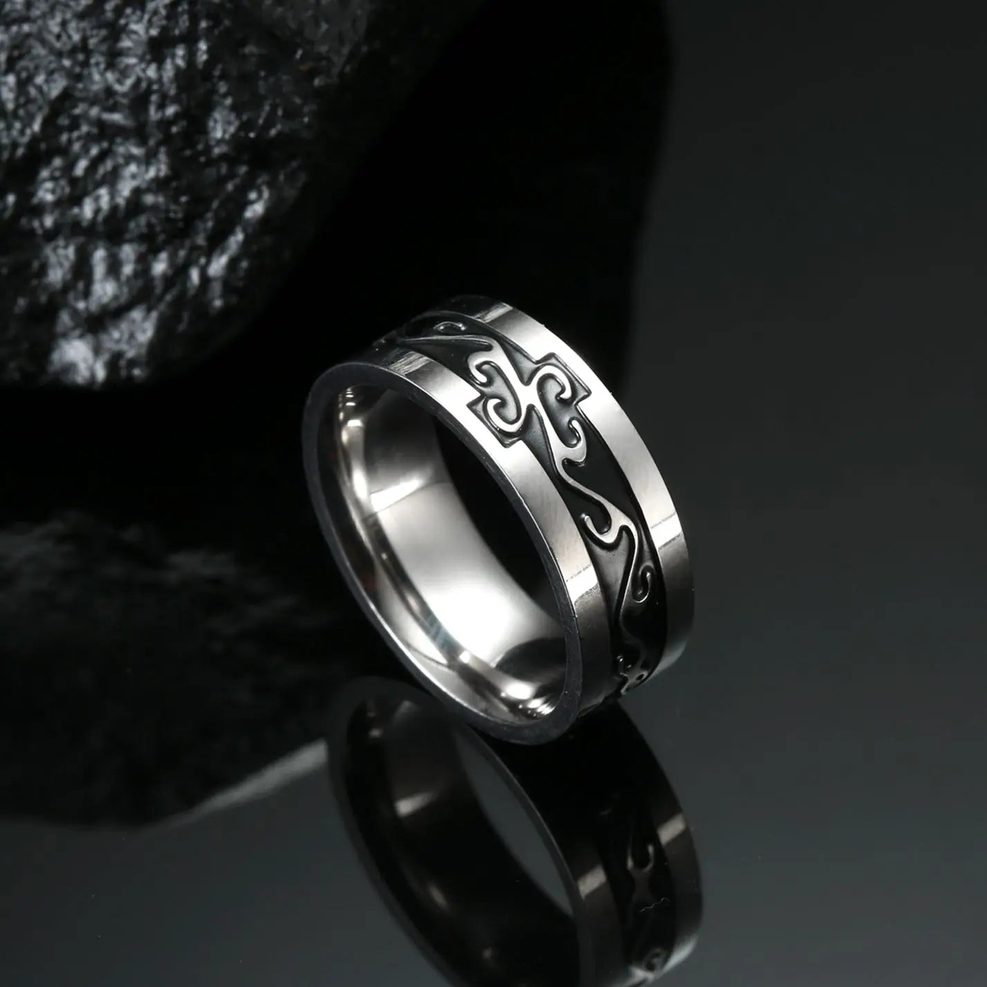 My Shape Vintage Fire Flame Totem Vine Cross Rings for Men Black Paint Punk Stainless Steel Finger Rings Male Jewelry