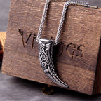 Viking Wolf Tooth Pendant Necklace - Stainless Steel Norse Rune & Celtic Knot, Men's Pagan Jewelry with wood box
