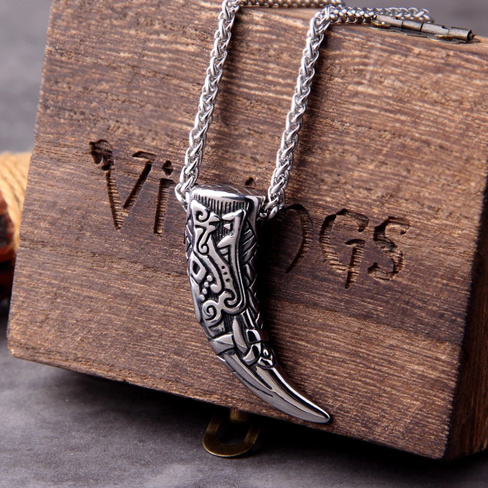 Viking Wolf Tooth Pendant Necklace - Stainless Steel Norse Rune & Celtic Knot, Men's Pagan Jewelry with wood box