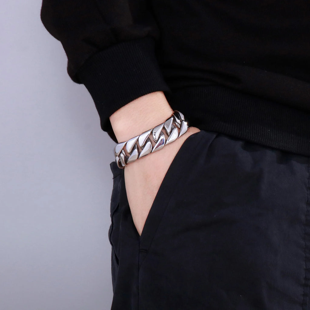 Fongten Cuban Chain Bracelet For Men Shiny Matte Stainless Steel Heavy Male Bracelets Bangle Silver Color Curb Jewelry