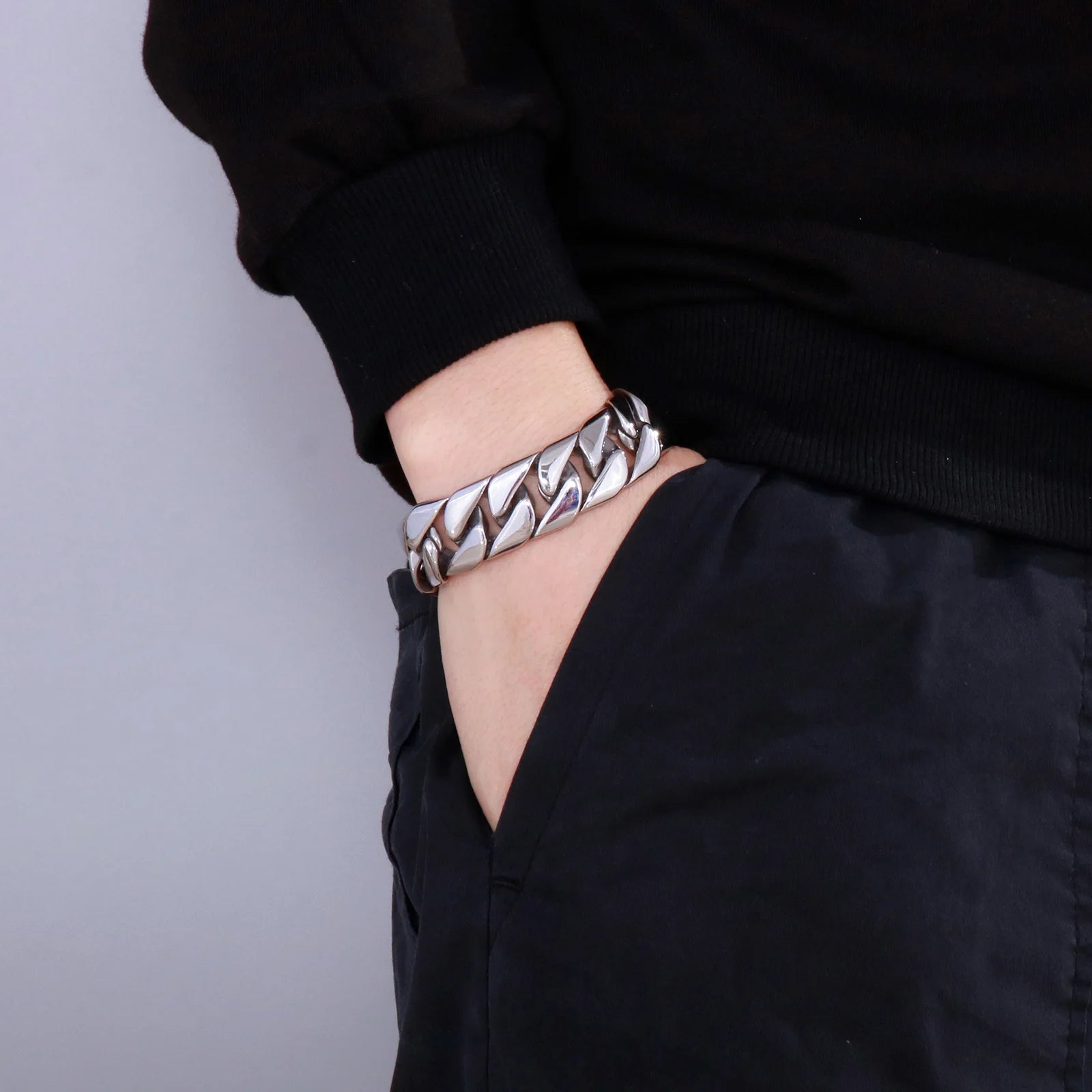 Fongten Cuban Chain Bracelet For Men Shiny Matte Stainless Steel Heavy Male Bracelets Bangle Silver Color Curb Jewelry