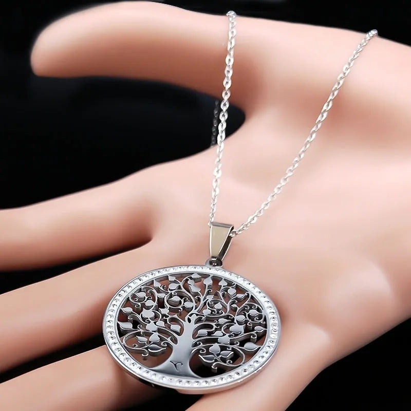 Iced Out Tree of Life Silver Necklace — Stainless Steel