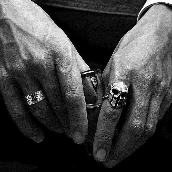 Retro 925 Sterling Silver Skull Ring for Men Dominant Single Band Ring Spartan Style Adjustable Open Finger Ring