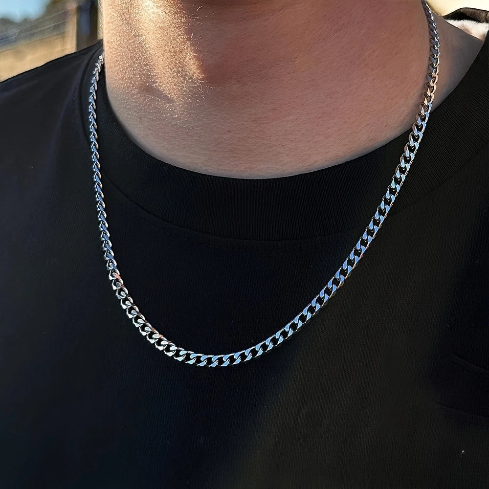 Hip-hop Trendy Sliver Color Stainless Steel Long Cuban Chain Necklace for Women Men Couple Does Not Fade Collar Chain Jewelry
