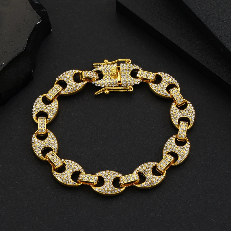 Iced Out Coffee Bean Cuban Link Chain Bracelet 12mm — Two-Tone